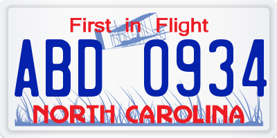 NC license plate ABD0934
