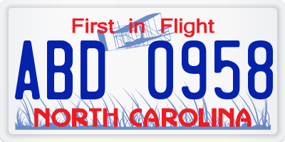 NC license plate ABD0958
