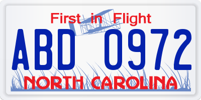 NC license plate ABD0972