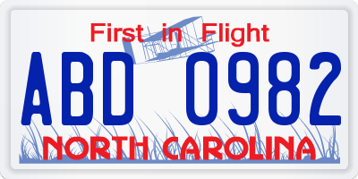 NC license plate ABD0982