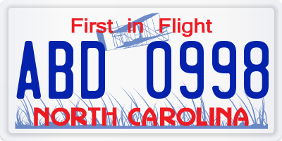 NC license plate ABD0998