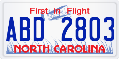 NC license plate ABD2803