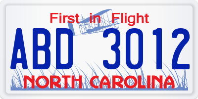 NC license plate ABD3012