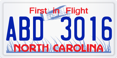 NC license plate ABD3016