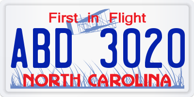 NC license plate ABD3020