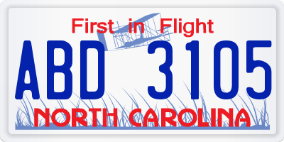 NC license plate ABD3105
