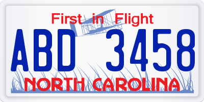 NC license plate ABD3458
