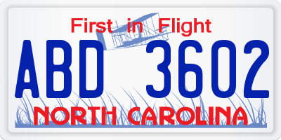 NC license plate ABD3602