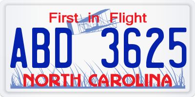 NC license plate ABD3625