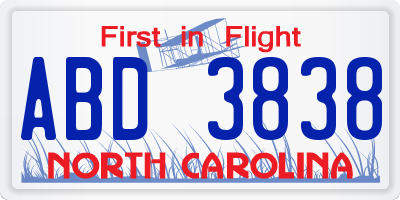 NC license plate ABD3838