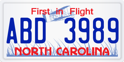NC license plate ABD3989