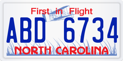 NC license plate ABD6734