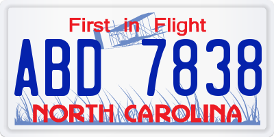 NC license plate ABD7838