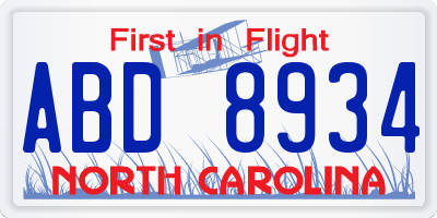 NC license plate ABD8934