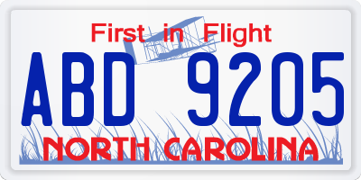 NC license plate ABD9205