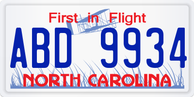 NC license plate ABD9934
