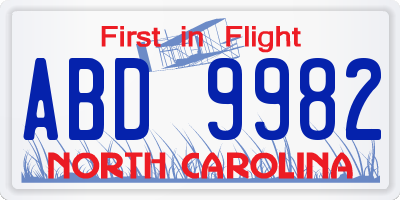NC license plate ABD9982