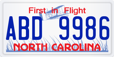 NC license plate ABD9986