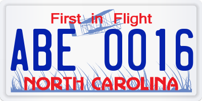 NC license plate ABE0016