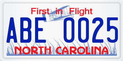 NC license plate ABE0025