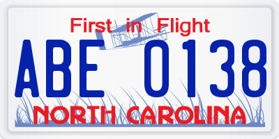 NC license plate ABE0138