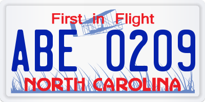 NC license plate ABE0209