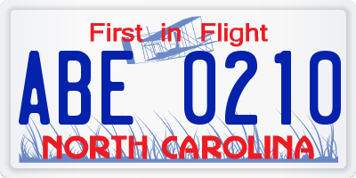 NC license plate ABE0210