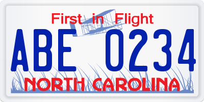 NC license plate ABE0234