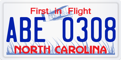 NC license plate ABE0308