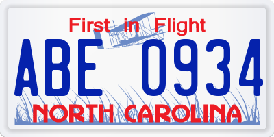 NC license plate ABE0934