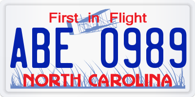 NC license plate ABE0989