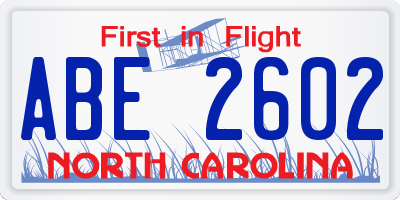 NC license plate ABE2602