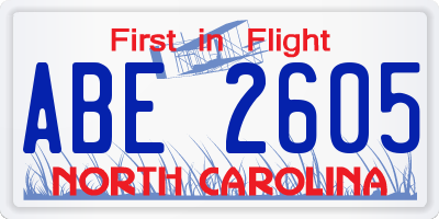 NC license plate ABE2605