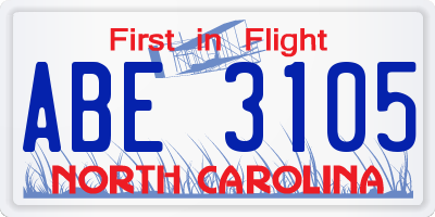 NC license plate ABE3105