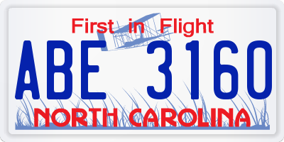 NC license plate ABE3160