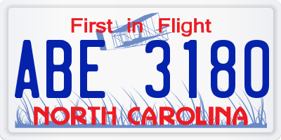 NC license plate ABE3180