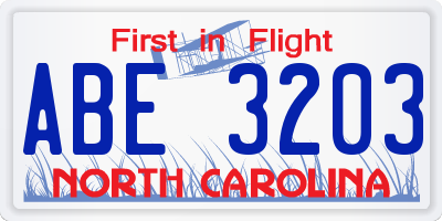 NC license plate ABE3203