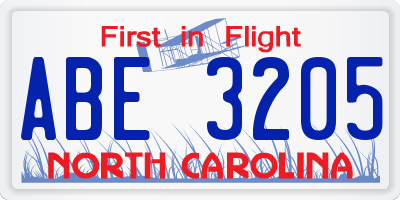 NC license plate ABE3205