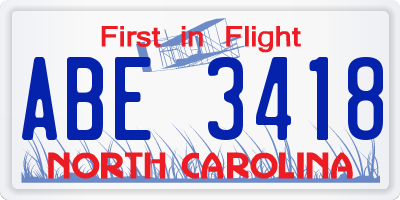 NC license plate ABE3418