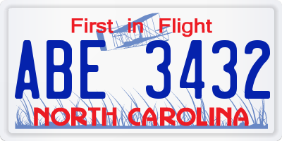NC license plate ABE3432