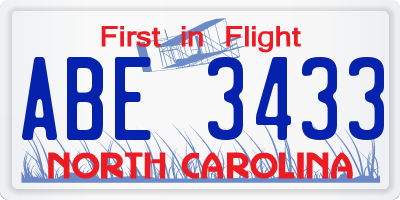NC license plate ABE3433