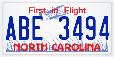 NC license plate ABE3494