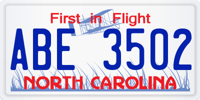 NC license plate ABE3502