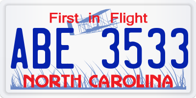 NC license plate ABE3533