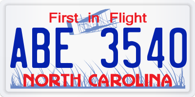 NC license plate ABE3540