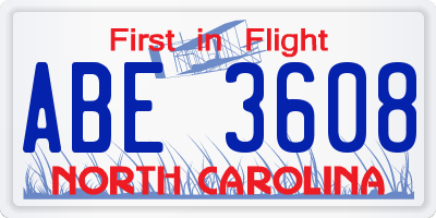 NC license plate ABE3608