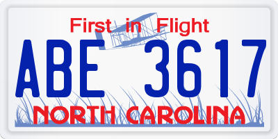 NC license plate ABE3617