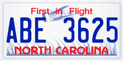 NC license plate ABE3625