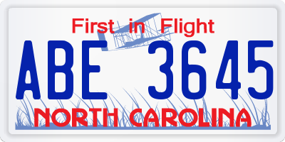 NC license plate ABE3645