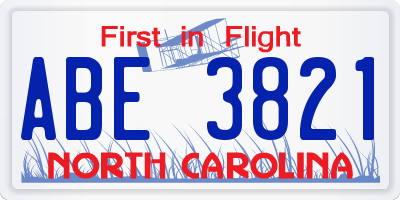 NC license plate ABE3821